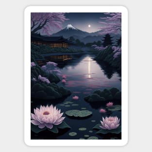 Serene Mount Fuji Sunset - Peaceful River Scenery - Lotus Flowers Sticker